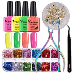 Venalisa 9-Teiliges Nagel-Gel-Lack-Set, Soak Off Uv-Gel-Nagellack, Pailletten, Strass, Dekoration, Nagelhautzange, Drücker, Pinzette
