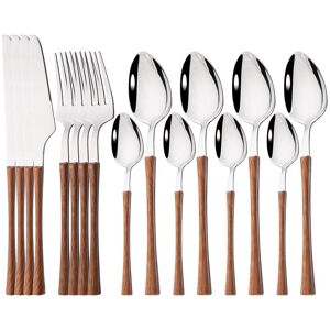 Jankng Home 16pcs Küche Besteck Set Utensilien Edelstahl Gabel Löffel Messer Teelöffel Geschirr Geschirr Sets Nachahmung Holz Griff Braun