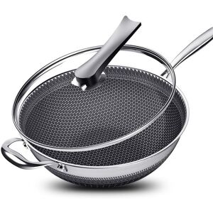 Stand High Wok-Pfanne, Edelstahl-Pfannen-Wok Mit Deckel, 33 Cm, Antihaft-Pfanne Mit Kühlem Griff, Geeignet Für Pfoa-Freies Kochen
