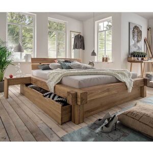 Pharao24.de Doppelbett aus Wildeiche Massivholz Schublade (dreiteilig)