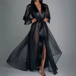Organza Durchsichtig Langarm Lace Up Robe Maxikleid Sommer Revers Kragen Mode Braut Roben Damen Kleid Solide Partykleid