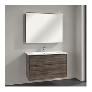 Villeroy und Boch Villeroy & Boch Finero Badmöbel Set 100 cm, Stone Oak Waschtisch mit Waschtischunterschrank und Spiegelschrank