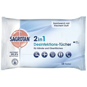 Reckitt Benckiser Deutschland GmbH SAGROTAN 2in1 Desinfektionstücher, Feuchttücher zur Hand- und Flächendesinfektion, 1 Packung = 15 Tücher