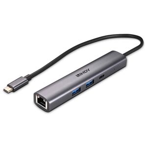 Lindy 43385 USB 3.2 / Gigabit Ethernet Hub, IN: 1x USB-C, OUT: RJ45 / 2x USB-A / USB-C