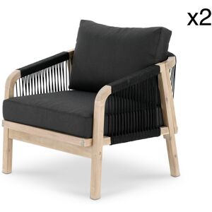 Defora Home Lot de 2 fauteuils en bois d'acacia noir et corde tressée Noir 73x69x79cm