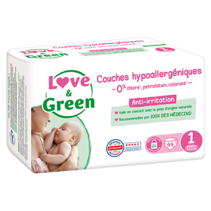 Love & Green Change Bébé Couche Hypoallergénique Taille 1 2-5kg 44 unités