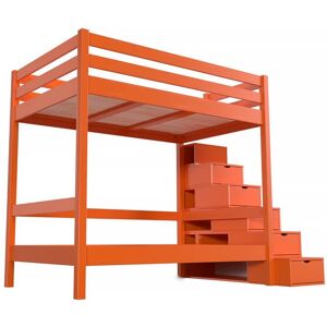 ABC MEUBLES Lit superposé 4 personnes adultes bois escalier cube Sylvia - 120x200 - Orange