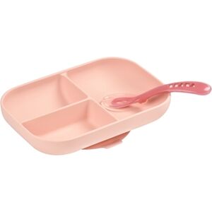 BEABA Assiette enfant et cuillère 2e âge rose, silicone