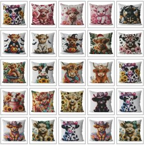 AZQSD Ensembles de couture de croix pour la décoration de la maison, oreiller animal bovin, fils DMC, image imprimée, toile, broderie de vache, vente, 11 carats