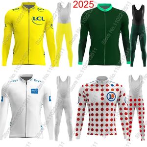 Aucun Hiver France Tour 2025 maillot de cyclisme ensemble hommes à manches longues jaune vert à pois blanc vêtements costume vtt vélo route pantalon bavoir
