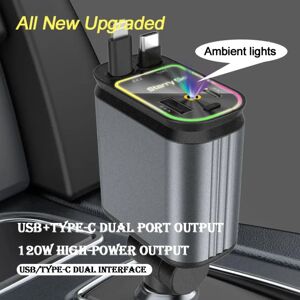 Aucun Chargeur de voiture rétractable 5 en 1, 120W, Starlight dans le toit de la voiture, veilleuse, Type C, adaptateur de charge rapide, double câble, chargeur de voiture