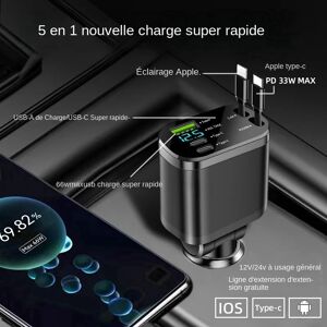Aucun Chargeur de voiture, chargeur de voiture avec câble rétractable, PD de voiture, charge rapide de voiture, charge super rapide, charge flash, cig cinq en un
