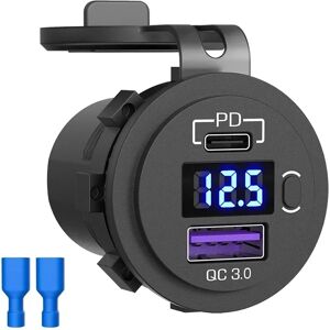 Aucun Chargeur rapide de voiture 12V, prise de courant QC3.0 et Port USB PD, adaptateur de chargeur de voiture avec voltmètre LED et interrupteur marche/arrêt