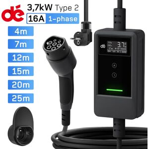 dé Chargeur Portable Véhicule Électrique 3,7 kW de Type 2, Station de Recharge Wallbox 16A Monophasée, Ecran LCD à double bouton de contrôle ,Schuko plug, 7m 10m 15m 20m 25m option de câble