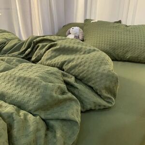 Beiwoer Ensemble de literie de luxe en coton gaufré lavable léger, housse de couette vert olive, drap de lit, dortoir, haute qualité, 4 pièces
