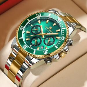 VA VA VOOM marque haut hommes montre 1Pc multifonctionnel à la mode cadran de synchronisation vert or acier inoxydable 3Bar montre de chronométrage pour hommes