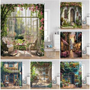 Aucun Rideaux de douche peints à la main, vue sur la rue, jardin européen, plantes vertes, fleurs vertes, décoration d'intérieur, rideau de bain moderne, 73