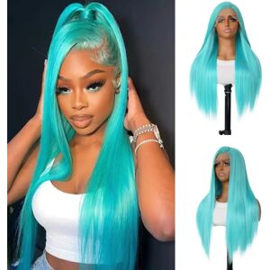 SALLYWELL Perruque Lace Front Wig synthétique de couleur bleu menthe, cheveux longs et lisses de 24 pouces pour femmes à la mode, perruque vert menthe 13x4 HD Lace Front W