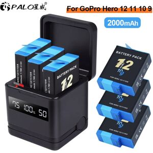 PALO-Batterie pour GoPro fore12, 11, 10, 9, 2000mAh + LCD, boîtier de chargeur rapide à 3 voies, stockage sur carte TF, accessoires