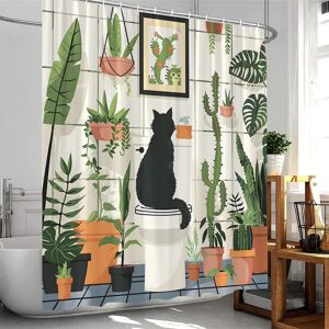 Aucun Rideau de douche plante chats plantes vertes en pot feuilles chat sur les toilettes décor de salle de bain moderne rideau de baignoire en tissu Polyester