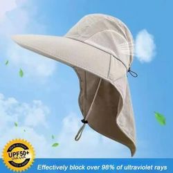NONE Chapeau de soleil à large bord avec rabat de cou pour hommes et femmes, réglable en plein air, Protection 50 + UPF, casquette Safari, randonnée, pêche