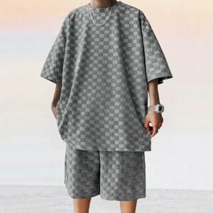 Aucun T-shirt et short à carreaux jacquard High Street pour hommes, haut à col rond rétro, décontracté,