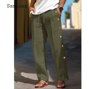 Samlona Pantalon en coton et lin à boutons multiples pour hommes, survêtement pleine longueur, vert uni, grande taille, décontracté, plage, proximité, Wstring, élégant