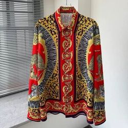 NONE Chemise rétro pour hommes, imprimé animal baroque, chemise décontractée ample à manches longues, design de luxe léger, haut pour hommes, taille XS-6XL