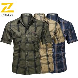 Aucun Hommes Revers Chemise À Carreaux Impression D'été À Manches Courtes Mode décharger Y-Casual Streetwear Homme Chemises De Travail Armée Vert S-5XL