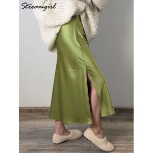 streamgirl Jupes mi-longues en Satin pour femmes, de luxe, noires, formelles, en soie, pour bureau, avec fente, ligne A, vert, bordeaux, élégantes, été