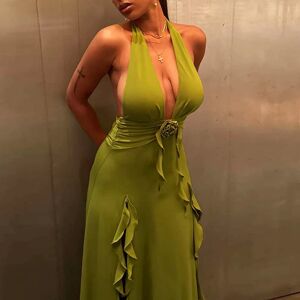 Aucun Robe de soirée froncée, dos nu, Sexy, col en v, col licou, fendue, fleur verte, décorative, Maxi, pour femmes, plage, été, 2025