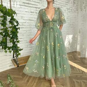 Guitar Hcondamned-Robe de Bal Midi Verte à Lacets, Sexy, Décolmétrage en V Profond, Manches Bouffantes, Ligne A, Broderie de Fleurs, Tulle, ÉducatifJeheth midi vert robe de bal à lacets sexy profond