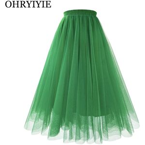 OHRYIYIE Automne hiver vert parole longueur Tulle jupe femmes décontracté longue Maxi jupe taille haute jupe plissée femme maille jupe de fête blanc