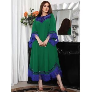 kalenmos Robe marocaine à paillettes pour femme, abaya musulmane à pampilles, robe de soirée, caftan vert,