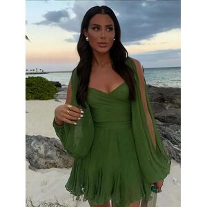 Beainmmry Mini Robe Plissée Verte pour Femme, Col en V, Fendue, Manches sulf, Ligne A, Couleur Unie, Dos aux, à Lacets, Sexy, Été, 2025