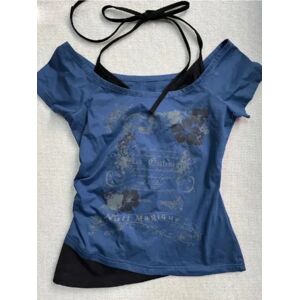 Aucun Vintage faux deux pièces licou à lacets T-shirts Y2k coupe ajustée imprimé hauts femmes épaules nues à manches courtes t-shirt