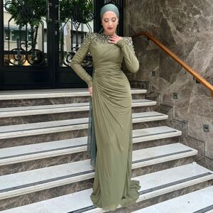 Furtanseo Robe de Soirée de Forme Sirène à Manches sulfet Col Rond pour Femme, Tenue de Bal de Forme Trompent, de Couleur Verte, de Luxe, Modeste, 2023
