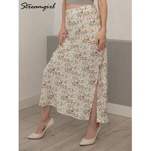 streamgirl longues jupes florales été pour les femmes vert fente en mousseline de soie jupe taille haute droite Maxi fleur jupes longue Maxi imprimé, jupe droite femme, jupe maxi longue femme,jupe longues femme
