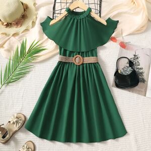 Mioglrie Robe de princesse pour filles de 8 à 12 ans, épaules dénudées, verte, avec ceinture, pour enfants filles, école d'été, tenue trapèze décontractée quotidienne