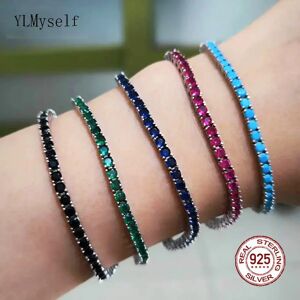 YLMyself Bracelet de Tennis en argent pur de 14 à 21 CM, chaîne de bijoux pavé de 3mm, rubis/bleu/vert/Turquoise/noir CZ éternité, bijoux réels 925