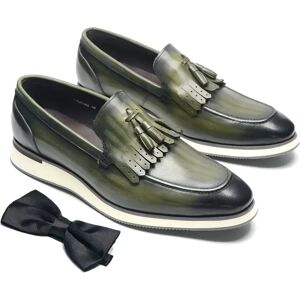XEBOS Baskets décontractées de luxe en cuir véritable pour hommes, style européen, vert, noir, à enfiler, fête de mariage, gland plat, mocassins, chaussures pour hommes