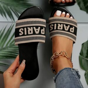EKMT Sandales classiques simples à la mode pour femmes, pantoufles avec couverture en tissu avec lettres, pantoufles d'extérieur décontractées à fond plat, nouvelle collection 2024