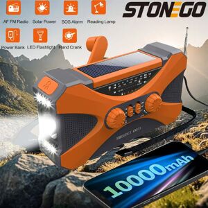 STONEGO Radio solaire multifonctionnelle à manivelle, 10000mAh, alerte météo AM/FM/NOAA, double haut-parleurs stéréo, chargeur de téléphone, torche LED et alarme SOS