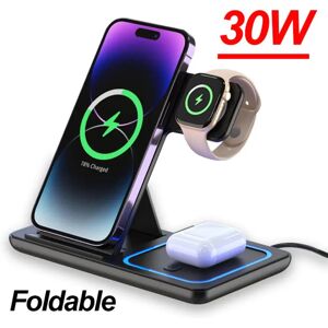 VIKEFON Station de recharge sans fil pliable 3 en 1 30W, pour iPhone 16 15 14 13 12 Pro Max iWatch Ultra Airpods Pro, station de charge rapide
