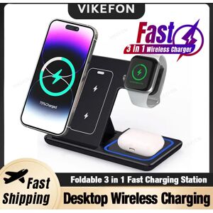VIKEFON Chargeur sans fil de bureau 3 en 1, Station de Charge rapide pliable pour téléphone iPhone 16 15 14 13 12 Apple Watch 10/9/8/7/6 AirPods 3/2