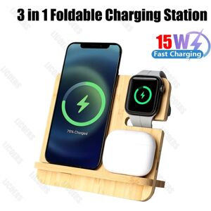 Aucun Support de chargeur rapide sans fil en bambou, station de charge 3 en 1 pour iPhone 16 15 14 13 iWatch Airpods Pro Max S24 S23, support en bois, 15W