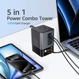 ILEPO Station de recharge 5 en 1 100W avec câble USB-C rétractable, tour combinée d'alimentation pour plusieurs appareils, chargeur rapide pour iPhone, Airpod