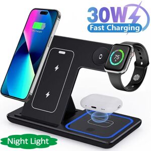 VIKEFON 30W 3 en 1 LED support de chargeur sans fil rapide Station de charge pliable pour iPhone 15 14 13 12 11 Apple Watch 9 8 7 6 5 Airpods Pro
