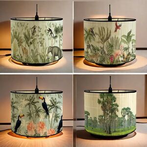 Aucun Abat-Jour en Bambou avec Plantes Vertes, Fait à la Main, Décoration de Maison Créative, Pliable, Couvercle de Lampe, Imprimé Floral et Oiseau