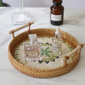 Aucun Plateau en rotin avec incrustation de nacre, Base en bois, plateau rond en osier tissé, plateau de